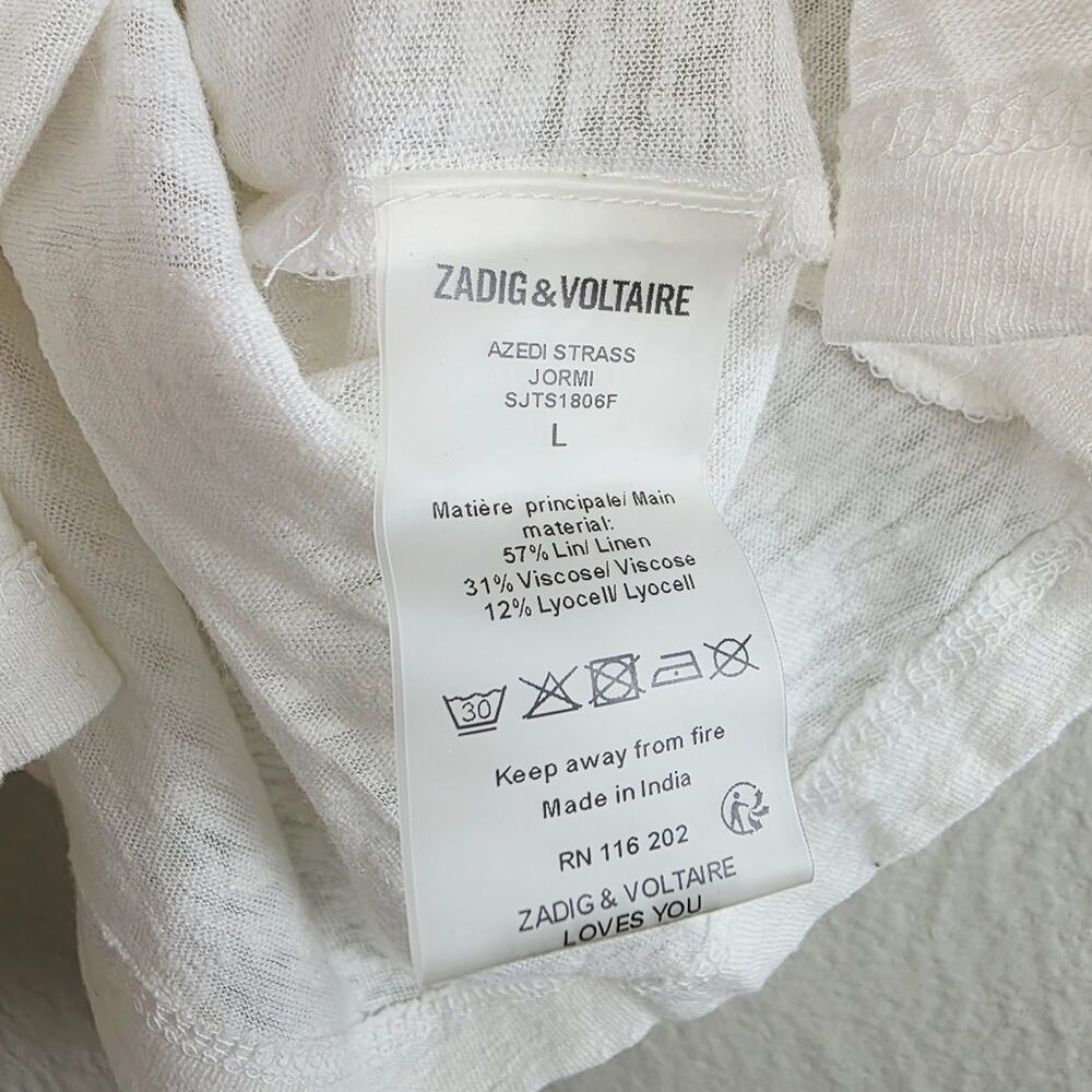NEW Zadig & Voltaire Azedi Jormi Strass Crystal Linen Blend T-Shirt White Large - Picture 11 of 14
